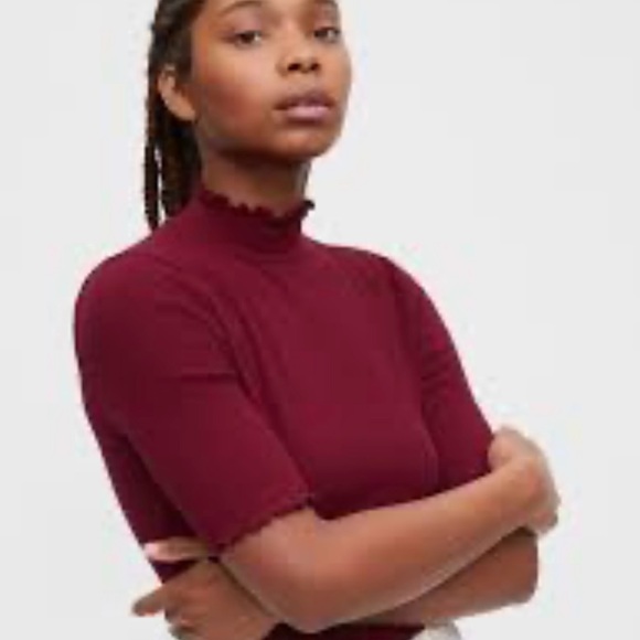 GAP NWT Pointelle Mockneck L Garnet Burgundy Top Lettuce Edge - Picture 5 of 6